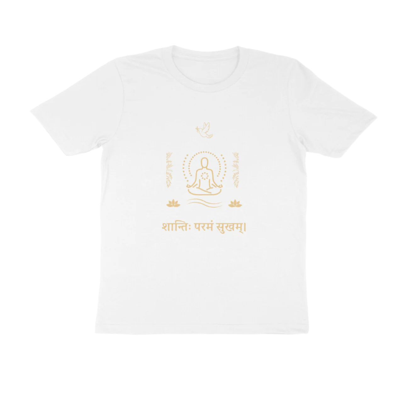 Shanti Param Sukham Men’s T-Shirt white with Sanskrit quote and meditating figure graphic promoting peace and mindfulness by Store Asmi