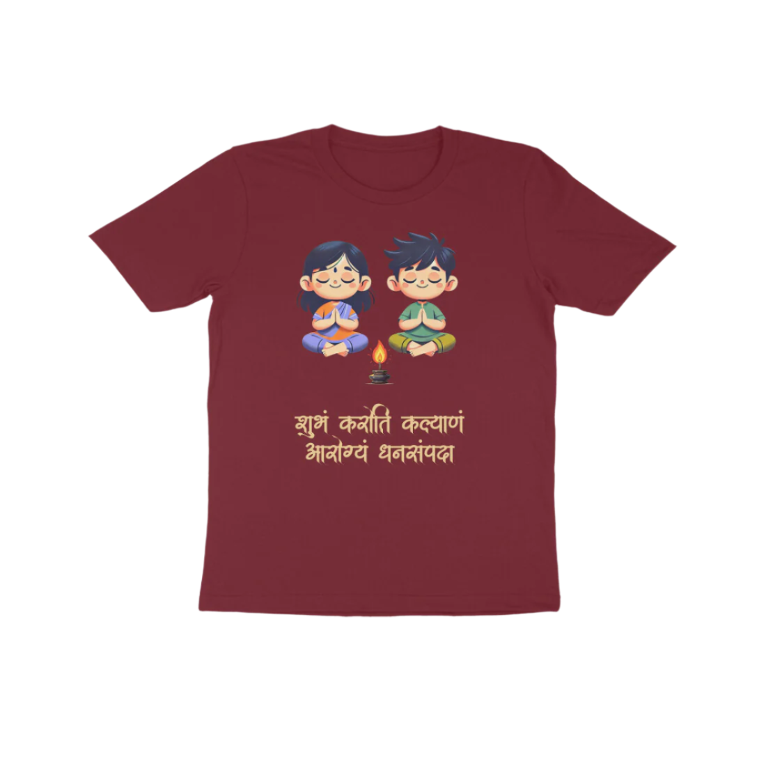 Shubhamkaroti maroon kids prayer t-shirt with Sanskrit shloka and diya design, perfect devotional and festival wear by Store Asmi.