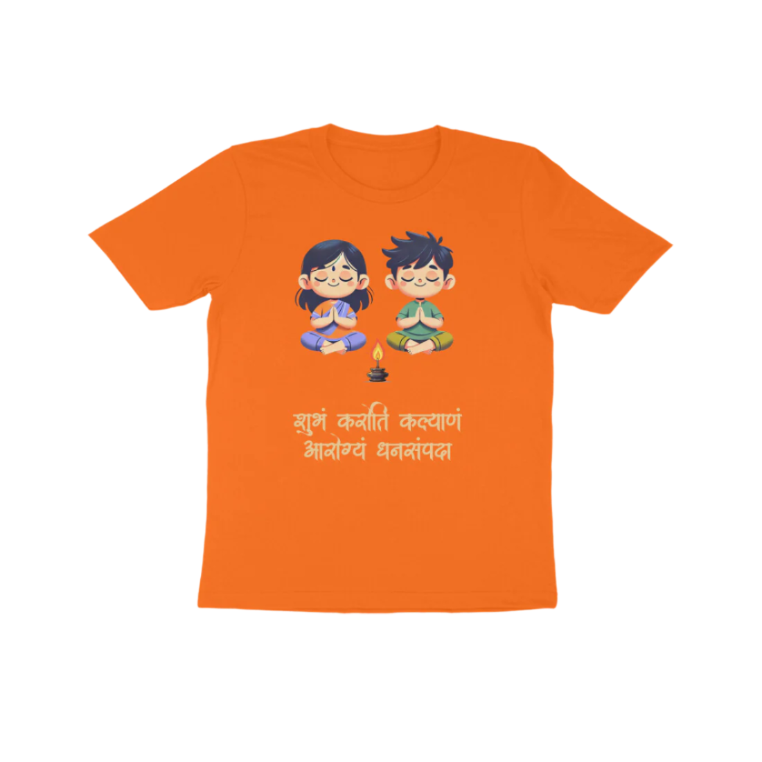 Shubhamkaroti orange kids prayer t-shirt with Sanskrit shloka and diya design, perfect devotional and festival wear by Store Asmi.