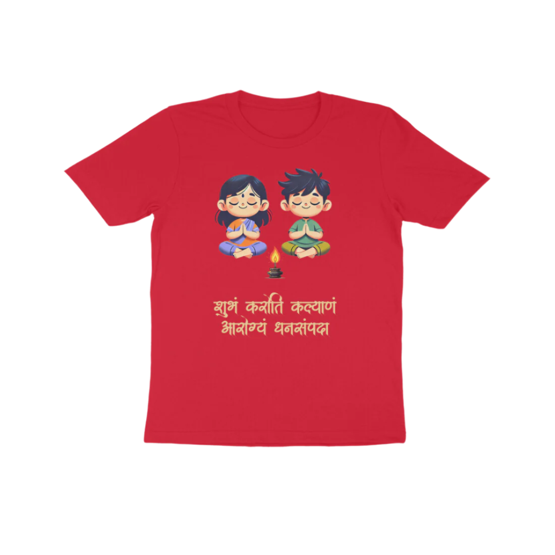 Shubhamkaroti red kids prayer t-shirt with Sanskrit shloka and diya design, perfect devotional and festival wear by Store Asmi.