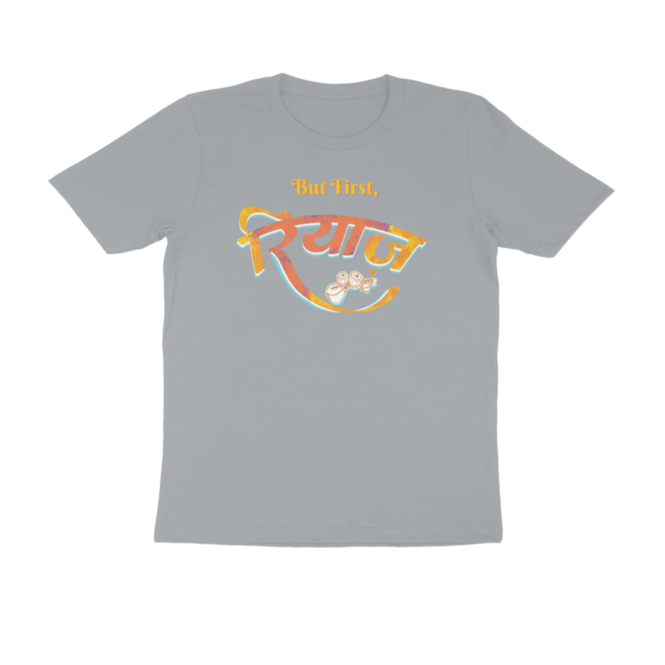 Silver Frost Riyaz men’s round neck music t-shirt with But First रियाज calligraphy and tabla artwork, a graphic printed classical cotton men’s t-shirt