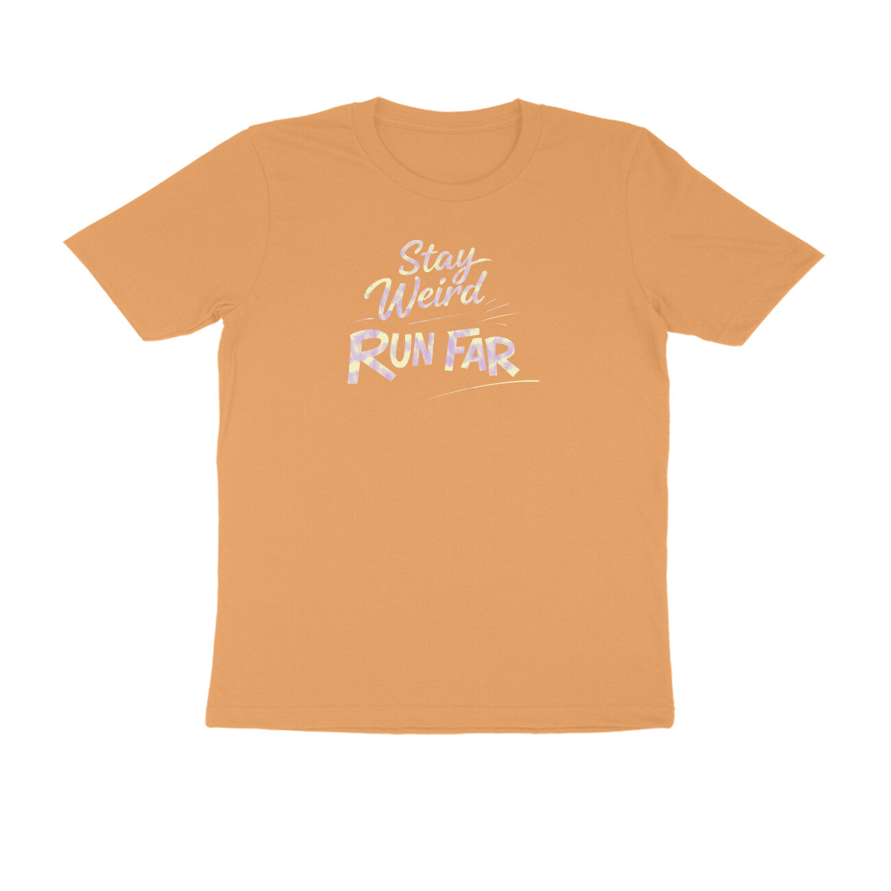 Stay Weird Run Far graphic printed men's t-shirt in mustard yellow color - front view