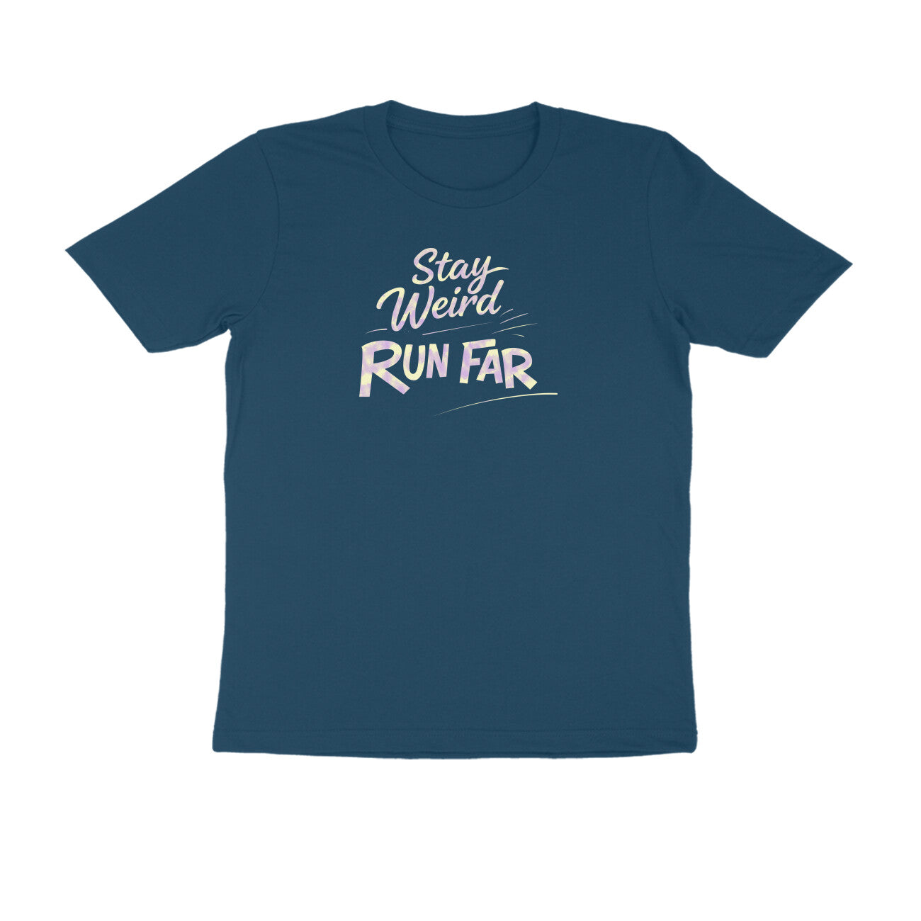 Stay Weird Run Far graphic printed men's t-shirt in navy blue color - front view