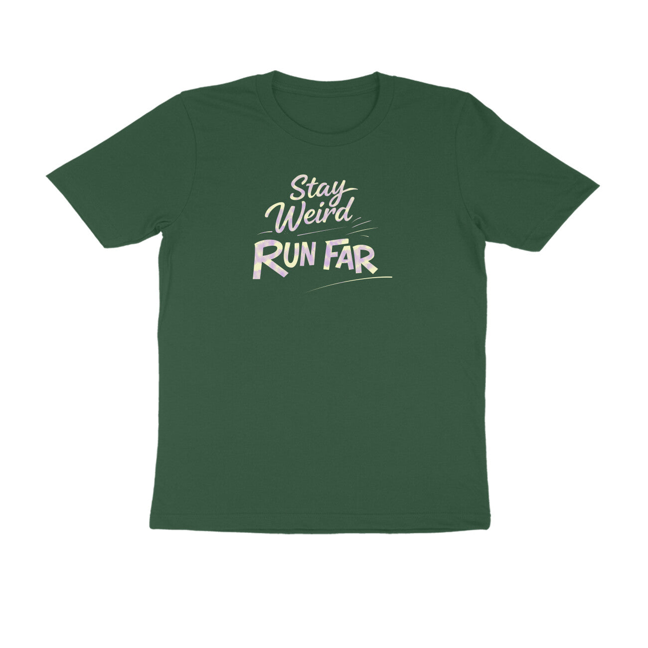 Stay Weird Run Far graphic printed men's t-shirt in olive green color - front view