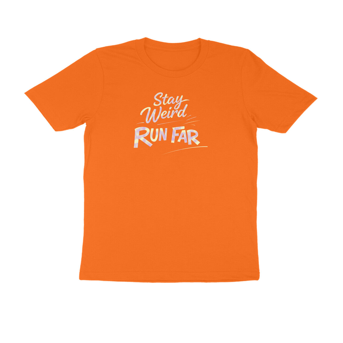 Stay Weird Run Far graphic printed men's t-shirt in orange color - front view