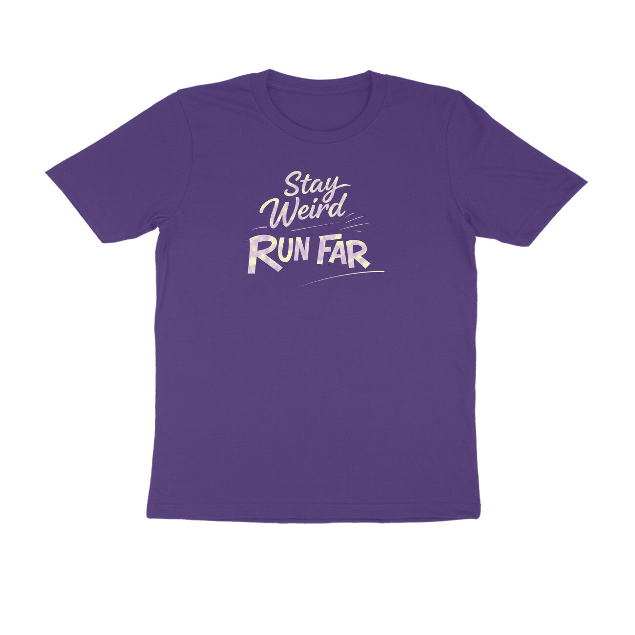 Stay Weird Run Far graphic printed men's t-shirt in purple color - front view