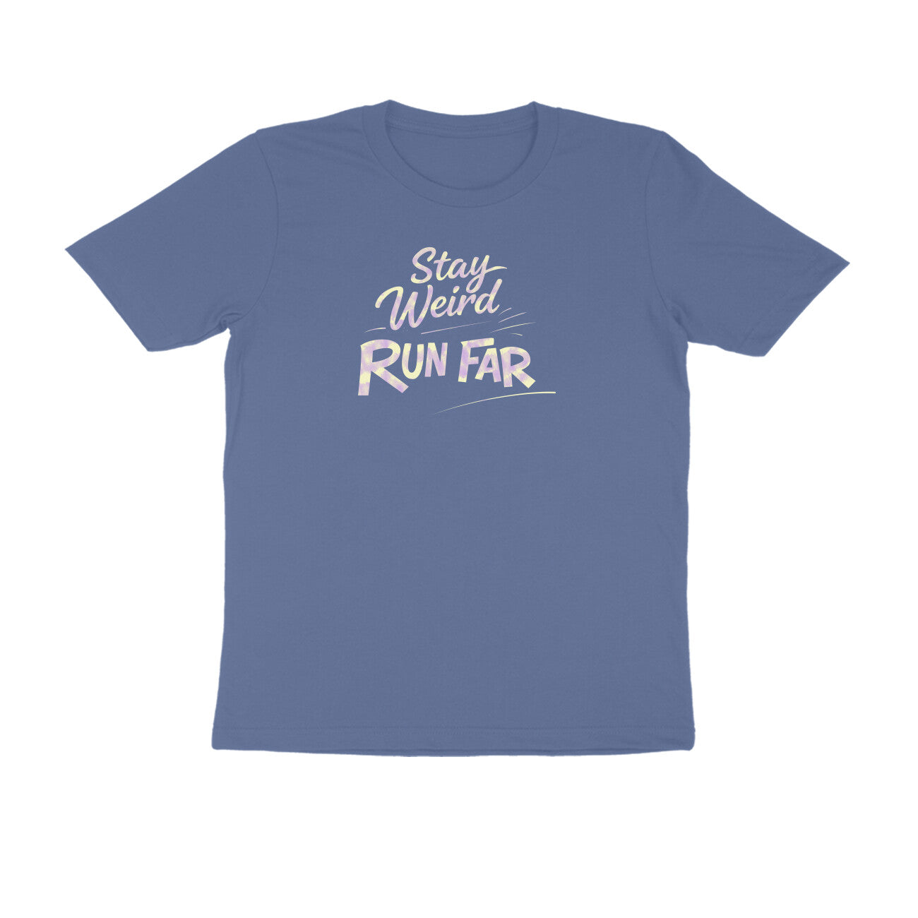 Stay Weird Run Far graphic printed men's t-shirt in smoke blue color - front view