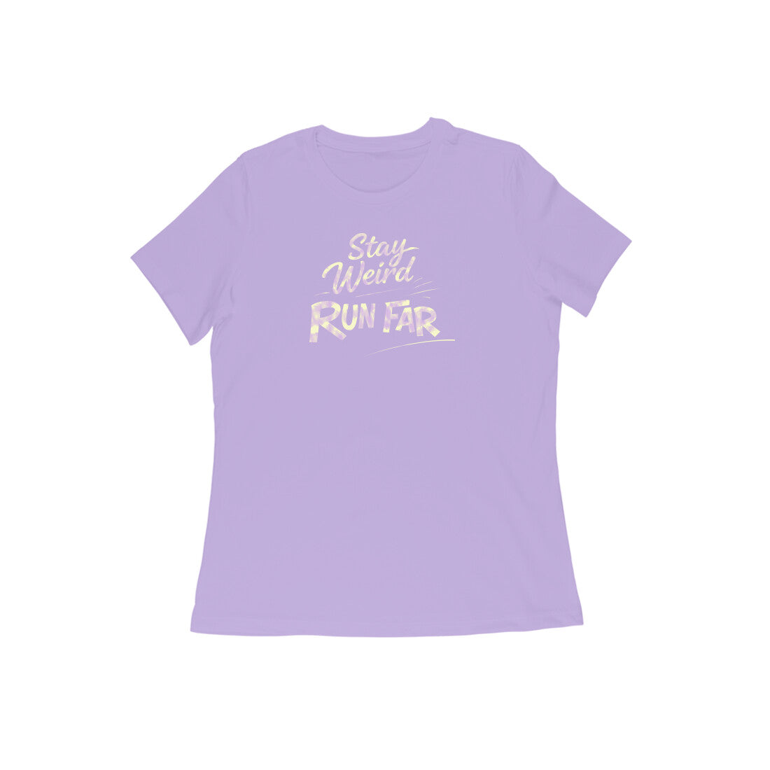 Stay Weird Run Far graphic printed women's t-shirt in iris lavender color - front view