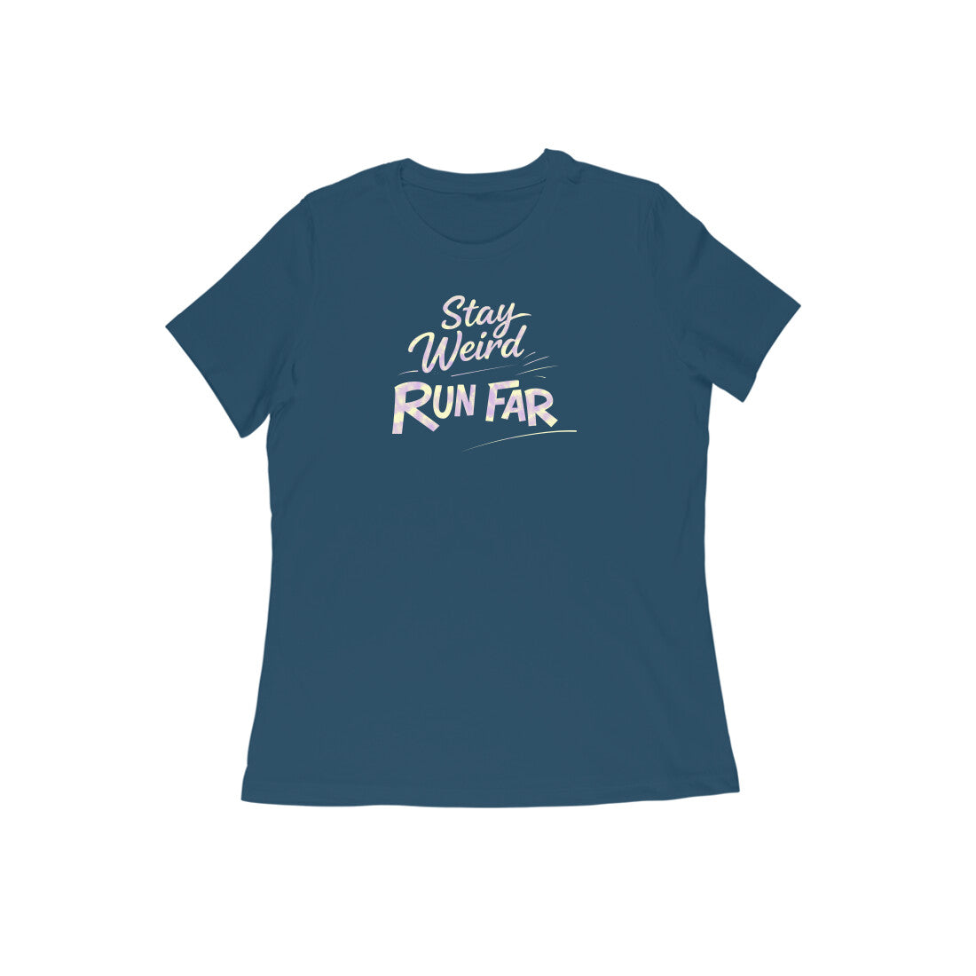 Stay Weird Run Far graphic printed women's t-shirt in navy blue color - front view