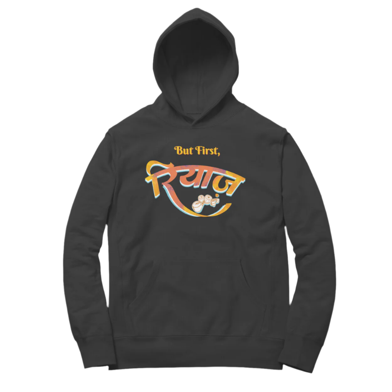 Store Asmi Black Riyaz Unisex Music Hoodie with “But First, रियाज” calligraphy and tabla artwork, devotional graphic hoodie for singing practice and concerts