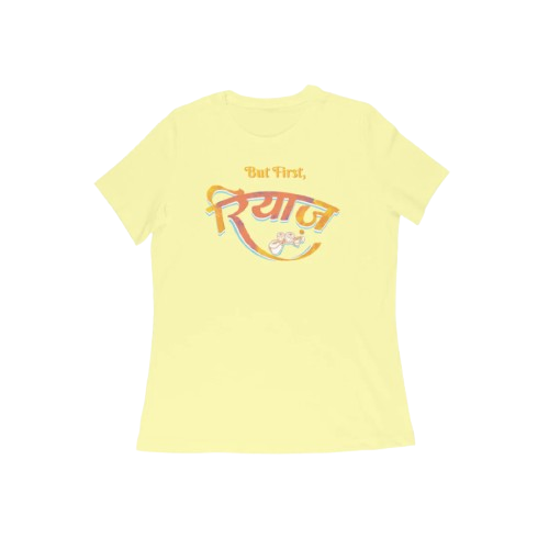 Store Asmi Butter Yellow Riyaz Women’s Round Neck Cotton Music T-Shirt with “But First, रियाज” calligraphy and tabla artwork, graphic printed devotional practice tee