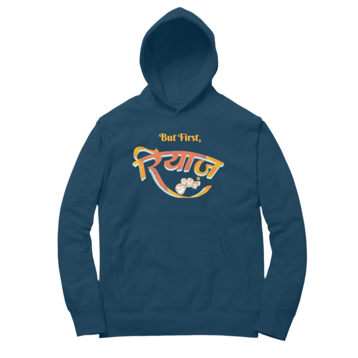 Store Asmi Navy Blue Riyaz Unisex Music Hoodie with “But First, रियाज” calligraphy and tabla artwork, devotional graphic hoodie for singing practice and concerts