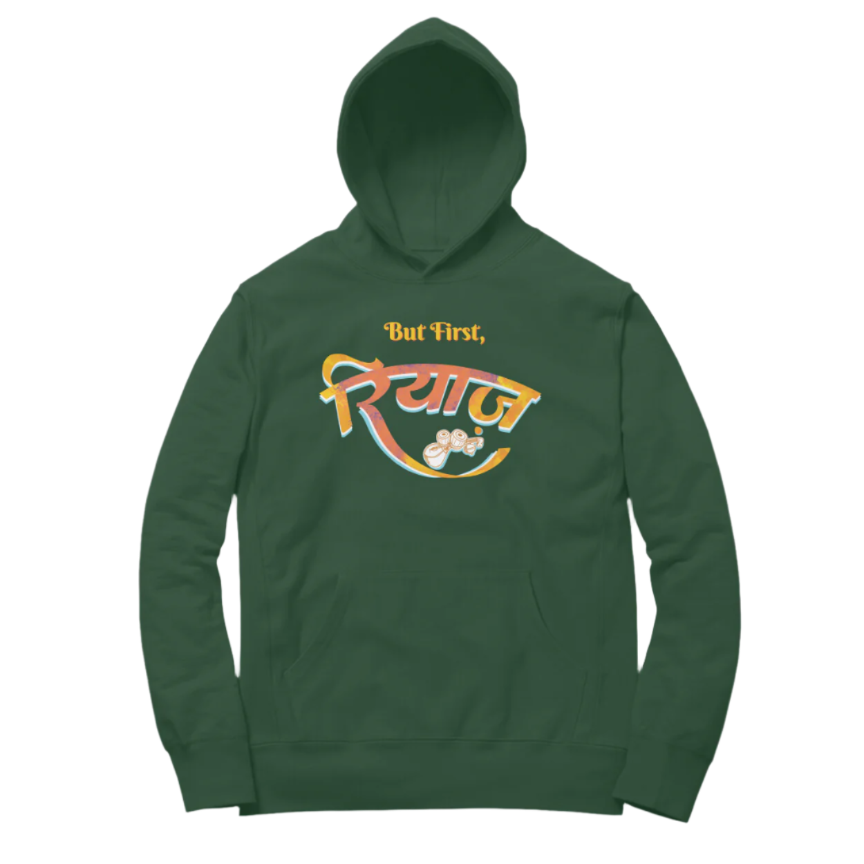 Store Asmi Olive Green Riyaz Unisex Music Hoodie with “But First, रियाज” calligraphy and tabla artwork, devotional graphic hoodie for singing practice and concerts