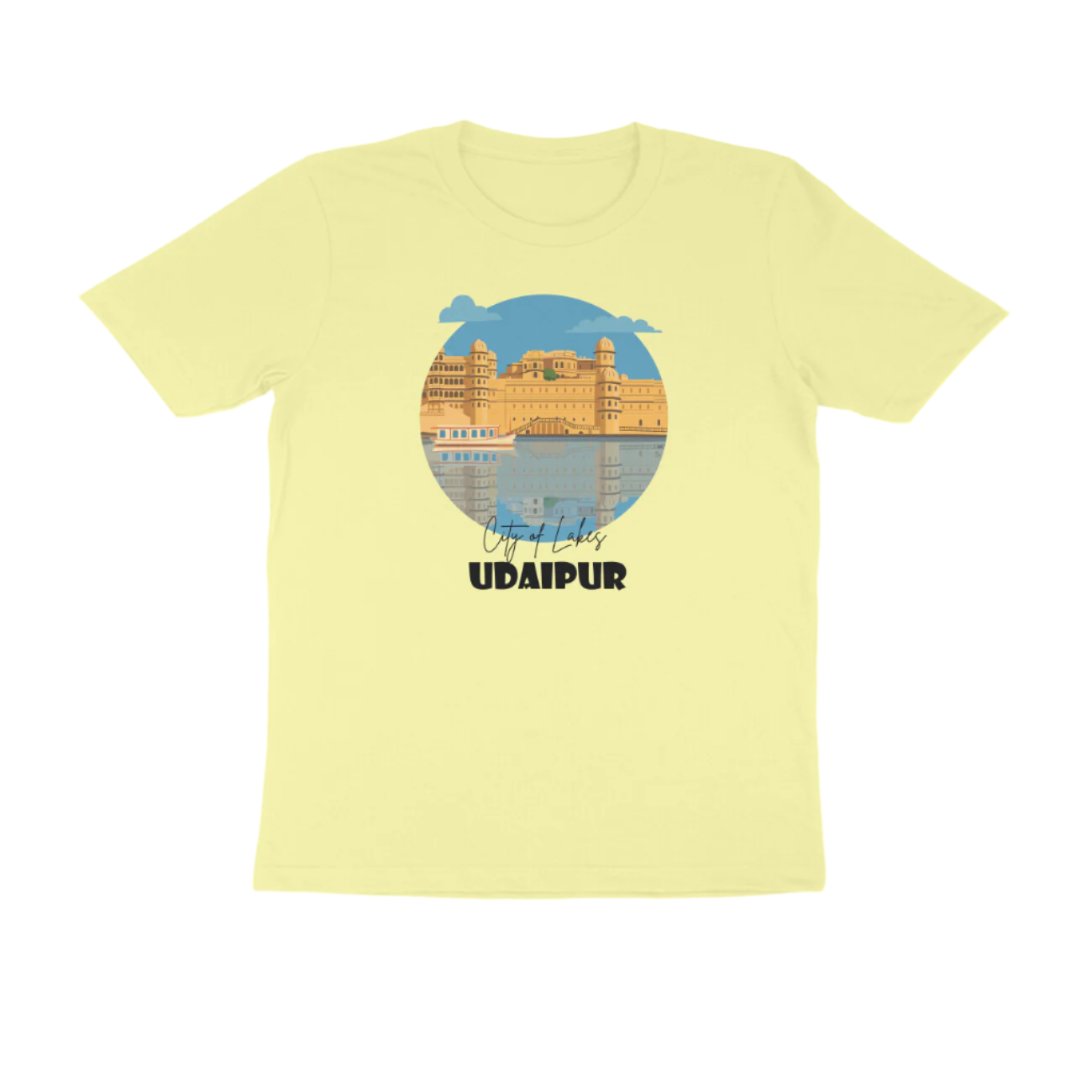 Udaipur men’s butter yellow travel t-shirt with Rajasthan heritage City of Lakes print – Store Asmi
