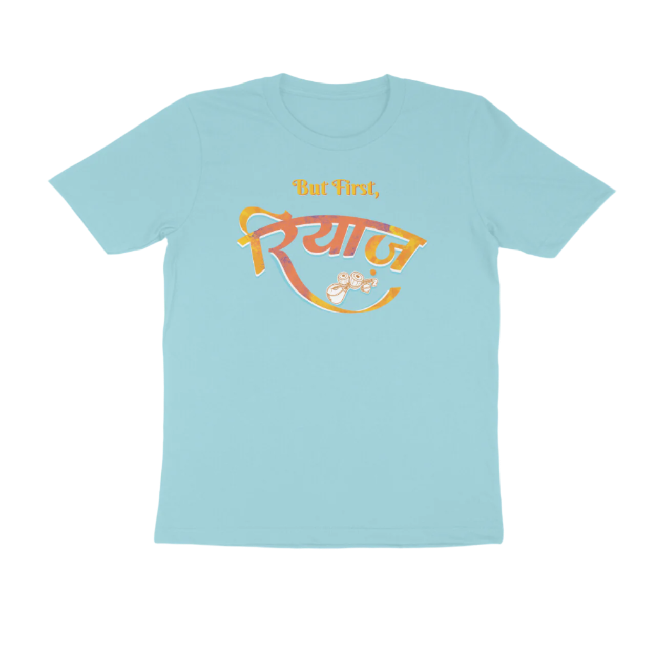 Surf Blue Riyaz men’s round neck music t-shirt with But First रियाज calligraphy and tabla artwork, a graphic printed classical cotton men’s t-shirt
