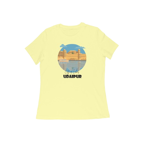 Udaipur Women's Butter Yellow T-Shirt with City of Lakes graphic print featuring palace illustration and scenic lake view.