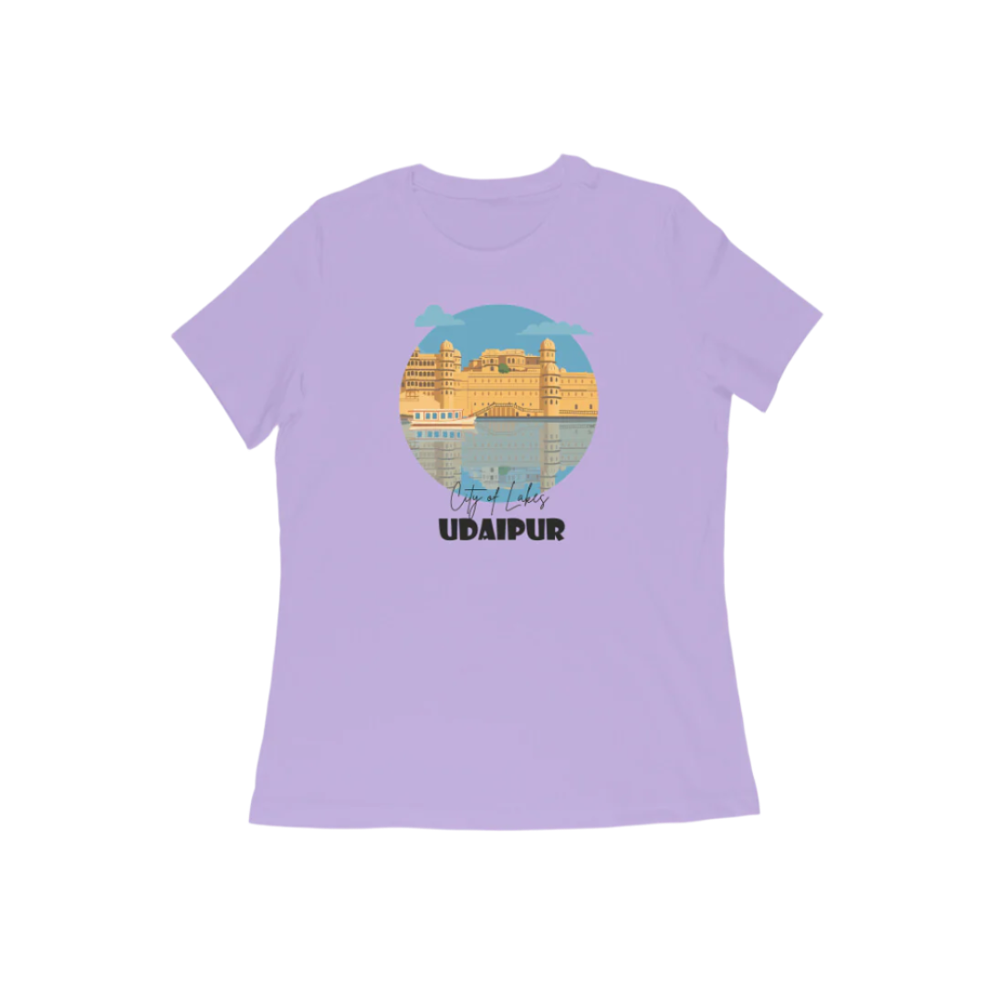 Udaipur Women's Iris Lavender T-Shirt with City of Lakes graphic print featuring palace illustration and scenic lake view.