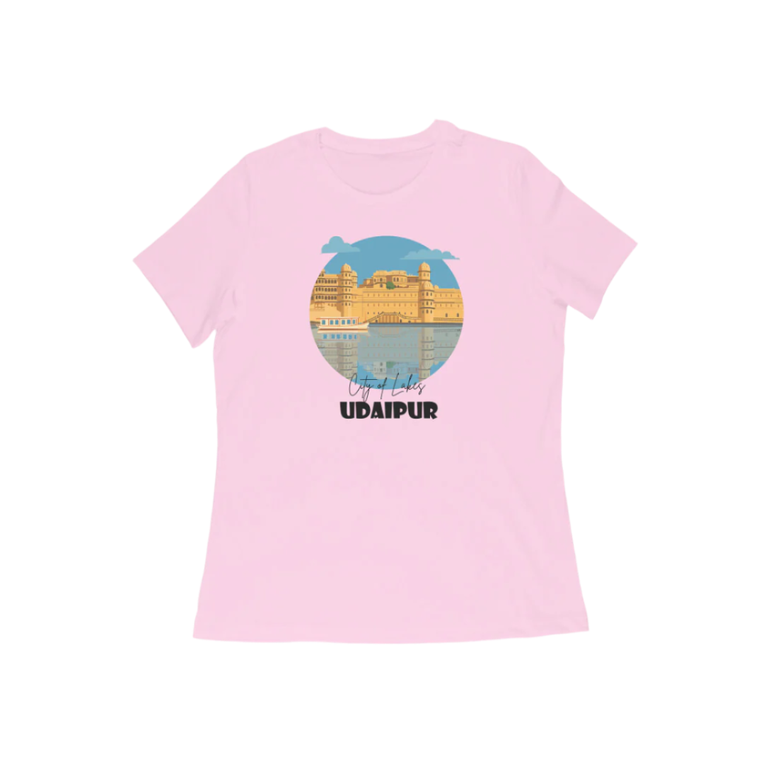 Store Asmi's Udaipur Women's Light Pink T-Shirt with City of Lakes graphic print featuring palace illustration and scenic lake view.