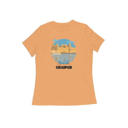 Udaipur Women's Mustard Yellow T-Shirt with City of Lakes graphic print featuring palace illustration and scenic lake view.