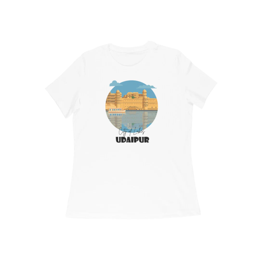 Udaipur Women's White T-Shirt with City of Lakes graphic print featuring palace illustration and scenic lake view.