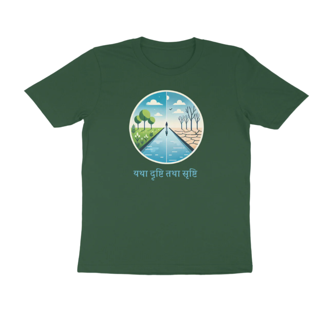 Yatha Drushti Men’s T-Shirt olive green with Sanskrit quote यथा दृष्टि तथा सृष्टि, spiritual and meditation inspired graphic tee by Store Asmi