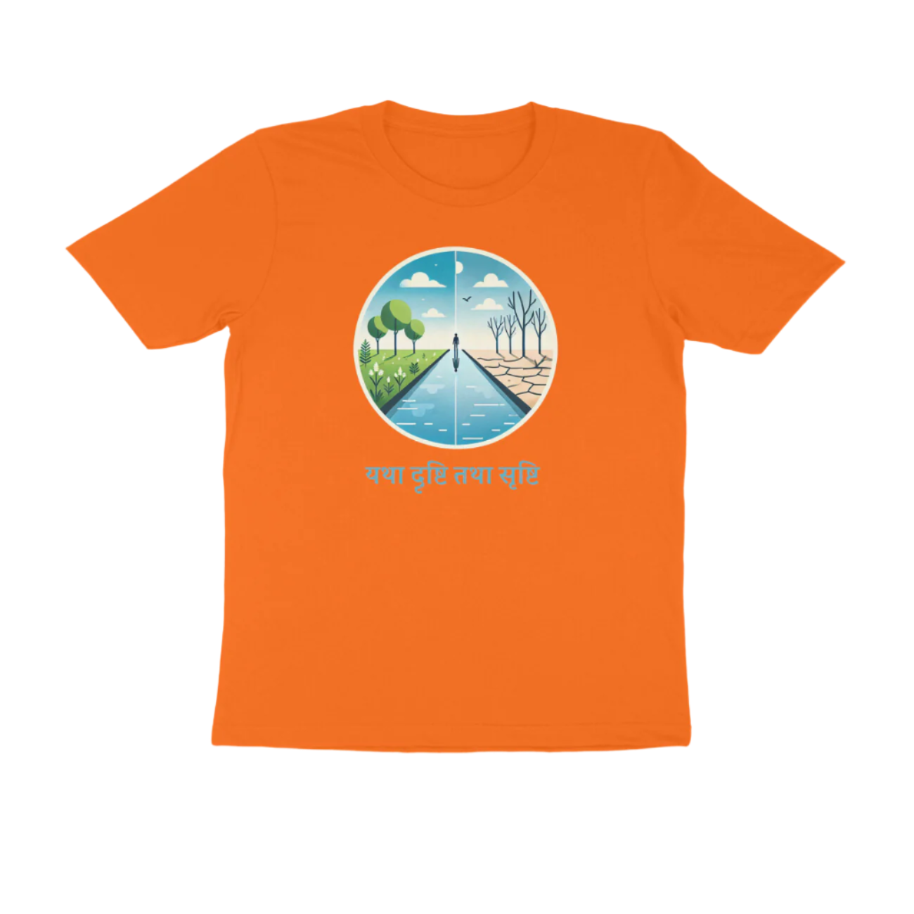 Yatha Drushti Men’s T-Shirt orange with Sanskrit quote यथा दृष्टि तथा सृष्टि, spiritual and meditation inspired graphic tee by Store Asmi