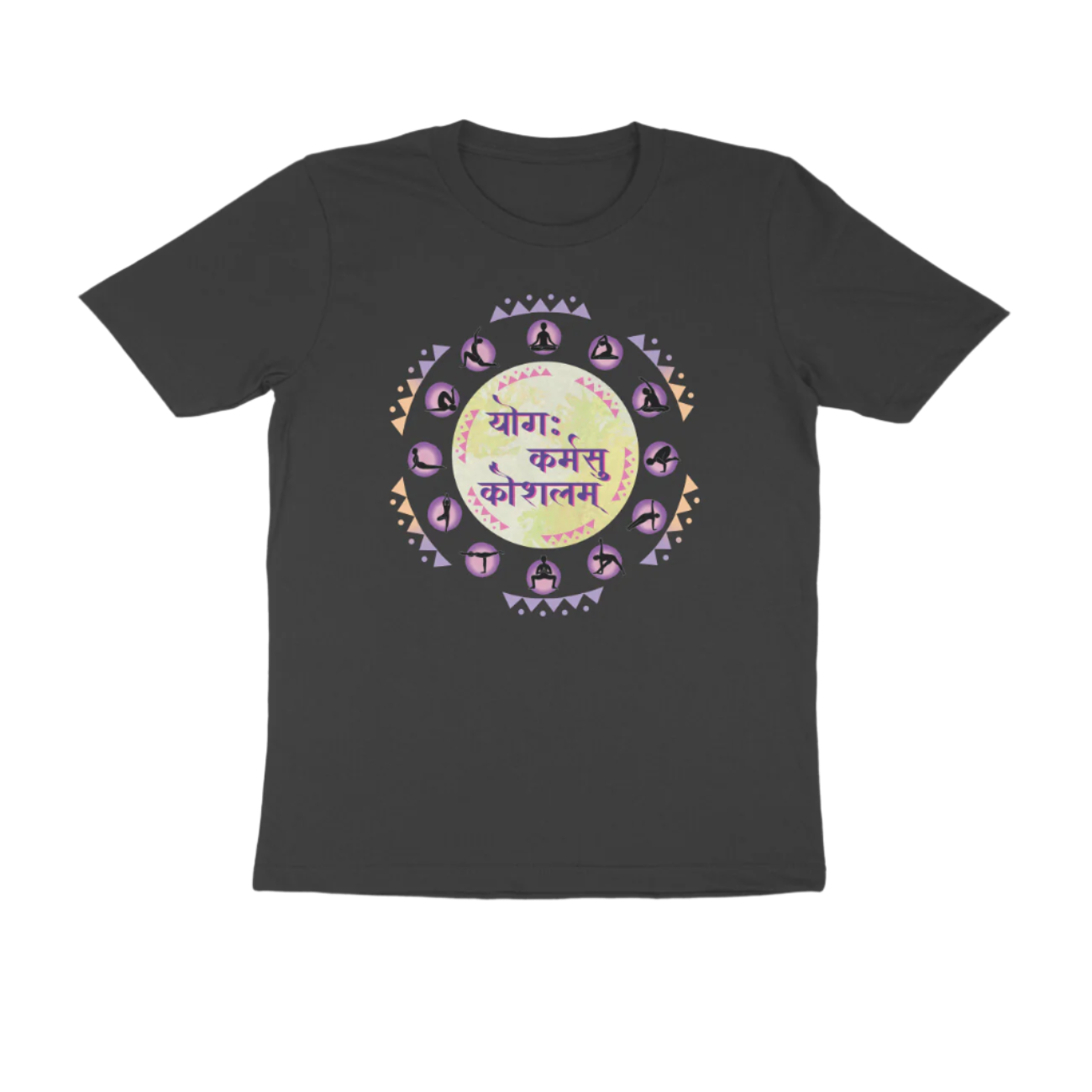 Yoga Men's round neck cotton t-shirt in black featuring “योगः कर्मसु कौशलम्” with mandala of yoga poses and Sanskrit art.

