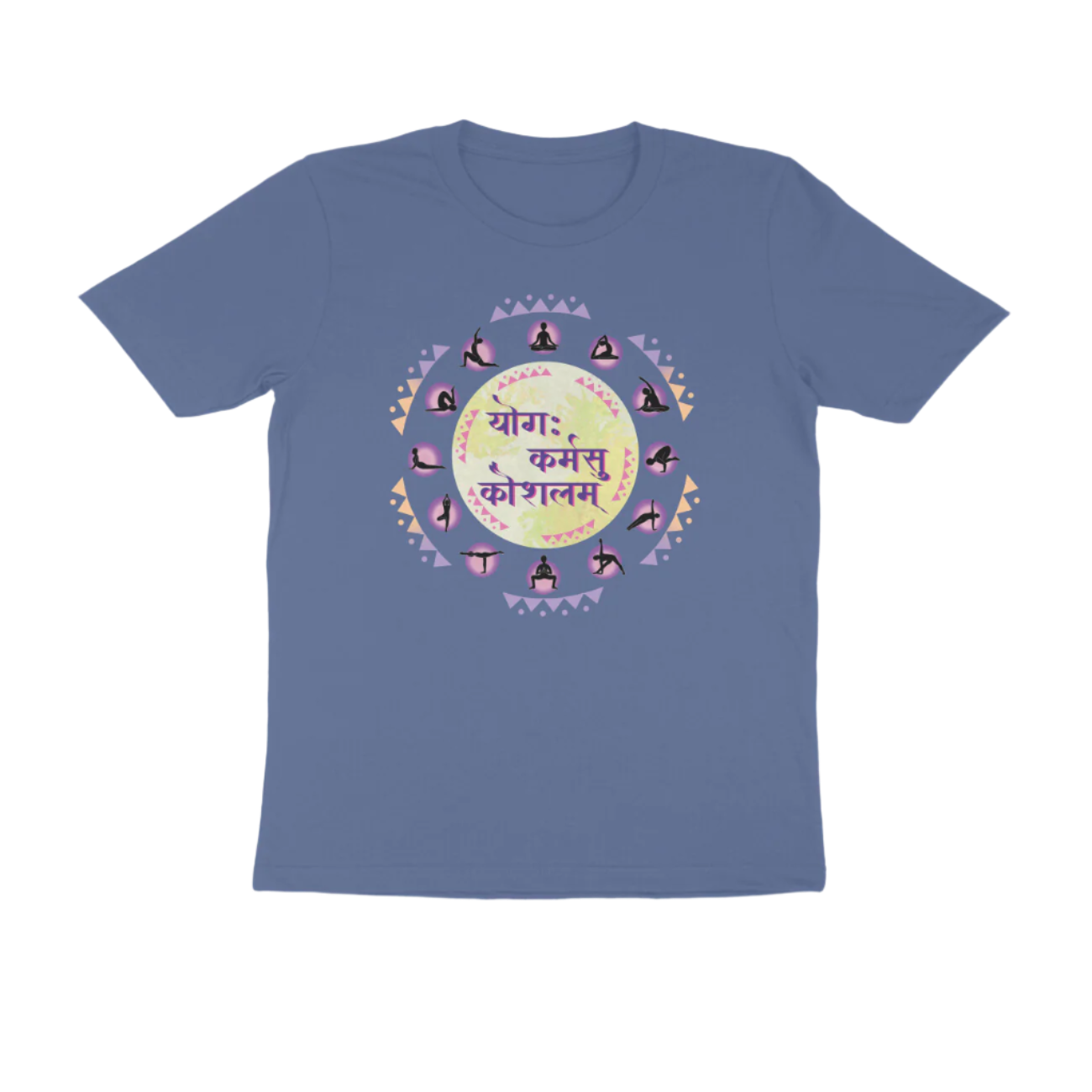 Yoga Men's round neck cotton t-shirt in smoke blue featuring “योगः कर्मसु कौशलम्” with mandala of yoga poses and Sanskrit art.