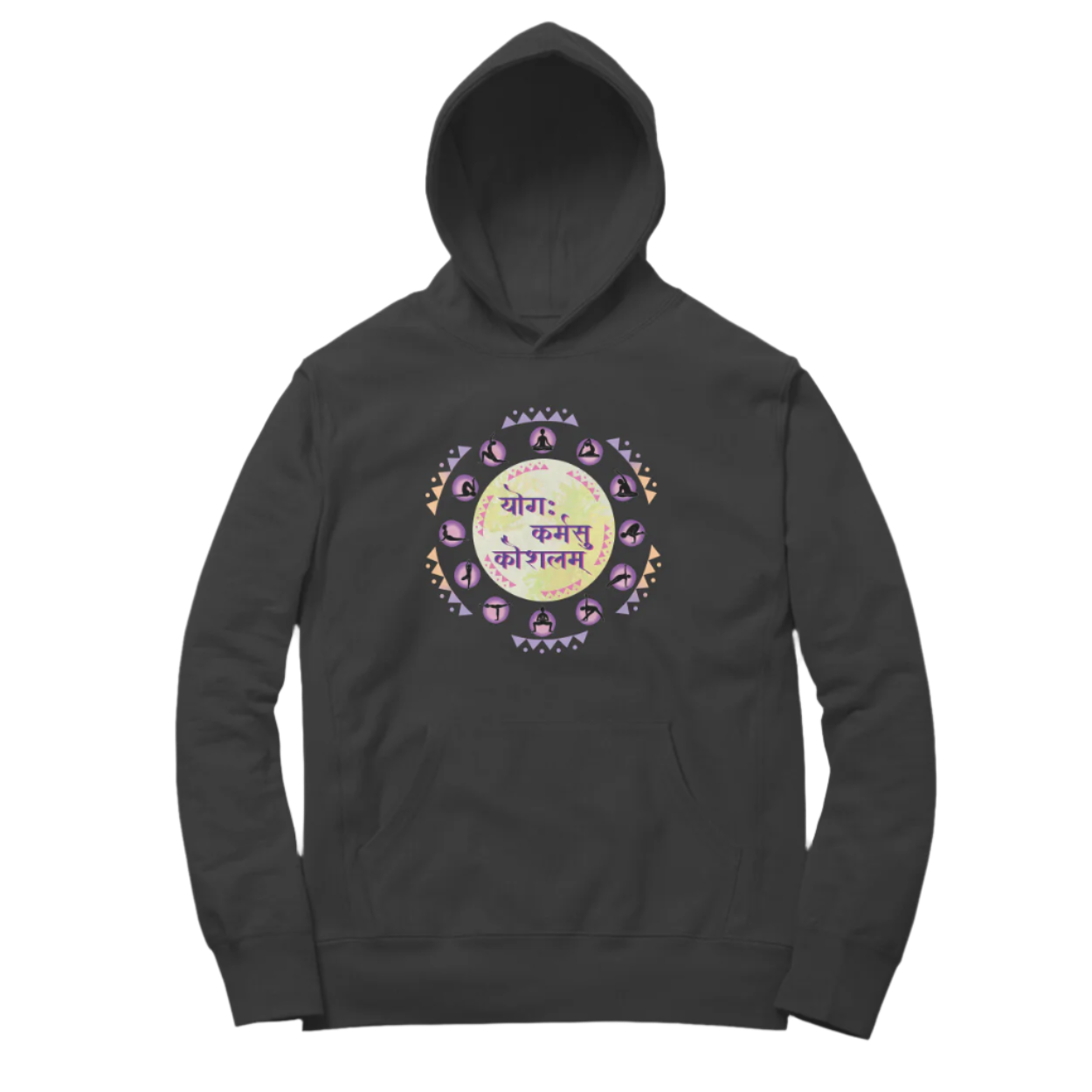 Yoga Unisex hoodie in black featuring “योगः कर्मसु कौशलम्” print with yoga pose mandala and spiritual design for men and women.