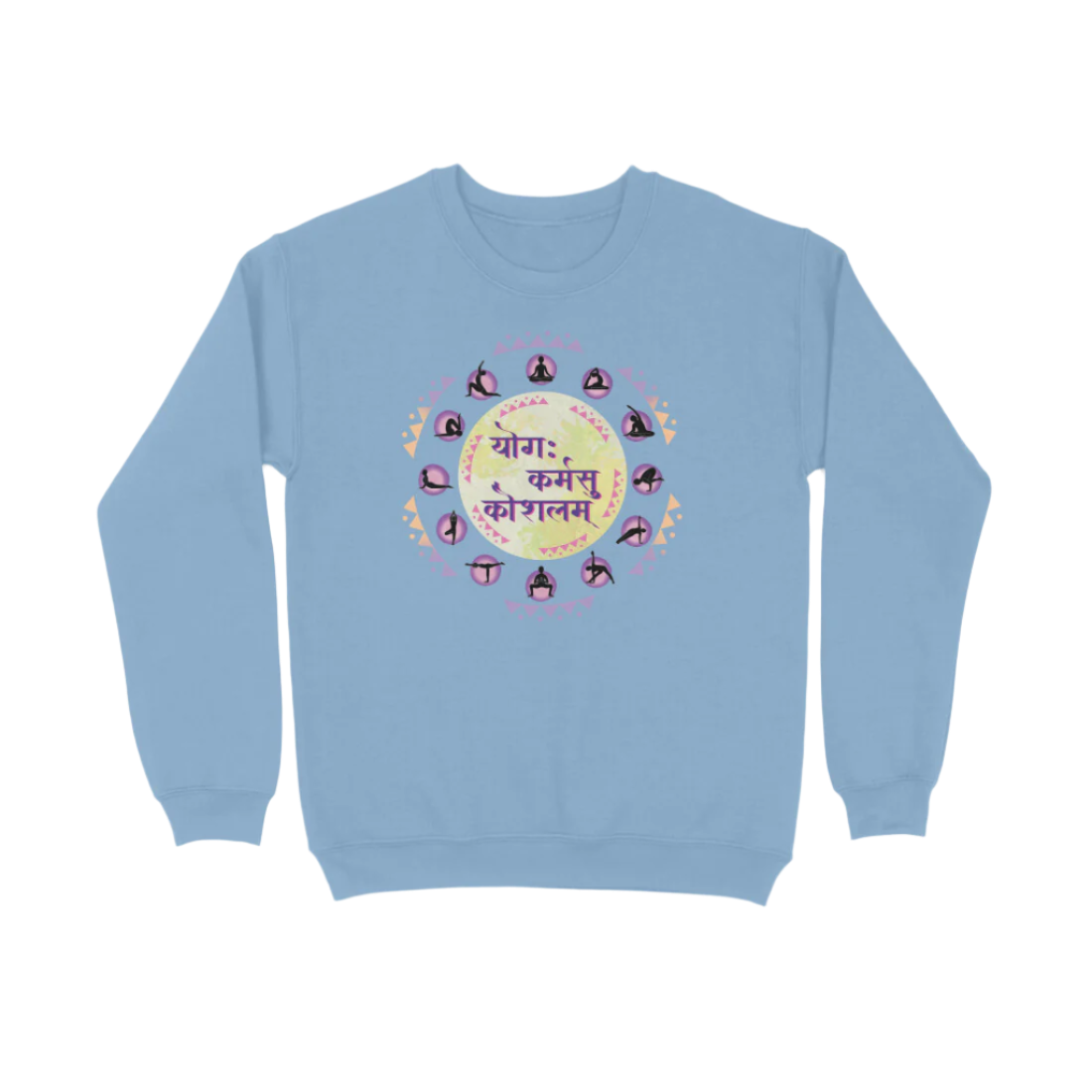 Yoga Unisex sweatshirt in baby blue featuring “योगः कर्मसु कौशलम्” Sanskrit quote and yoga pose mandala artwork.